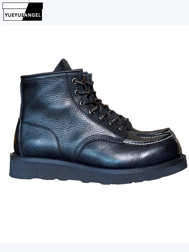 

Men Black Genuine Leather Lace-Up Motorcycle Boots Retro Flat Cowhide Workwear Boots Ankle Boots Casual Footwear High Top Shoes