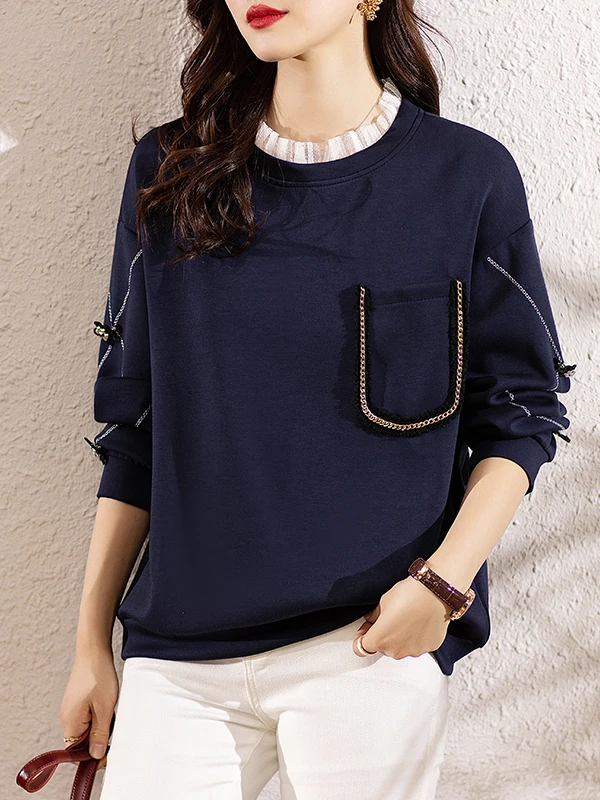 

Spring 2026 Large ket Hoodie Casual Long Sve round Ne Lace Splice Loose Women's Faionable Top Commute Artistic Sle