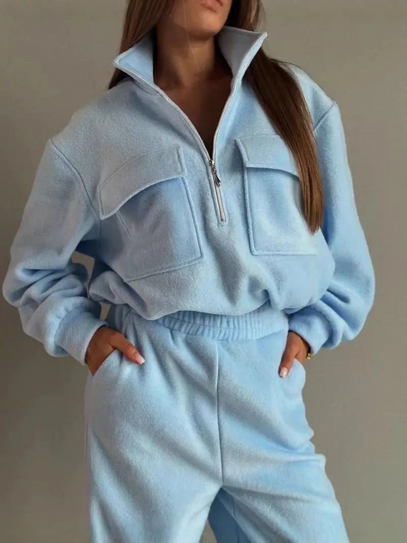 

2025 Autumn and Winter Women's New Loose POLO Collar Zipper Fashion Casual Set
