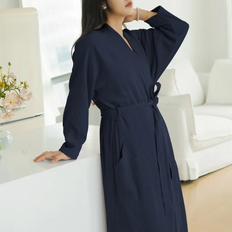 Women Cotton Waffle Robe Nightwear Long Sleeve Bathrobes Bandage Sleepwear Home Clothes Solid Color Casual Nightie With Pockect