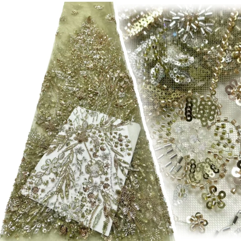 

Luxury Beads French Embroidery Groom Lace Fabric with Sequins for Wedding Dress African Nigerian Style Sewing 5 Yards SZ1328