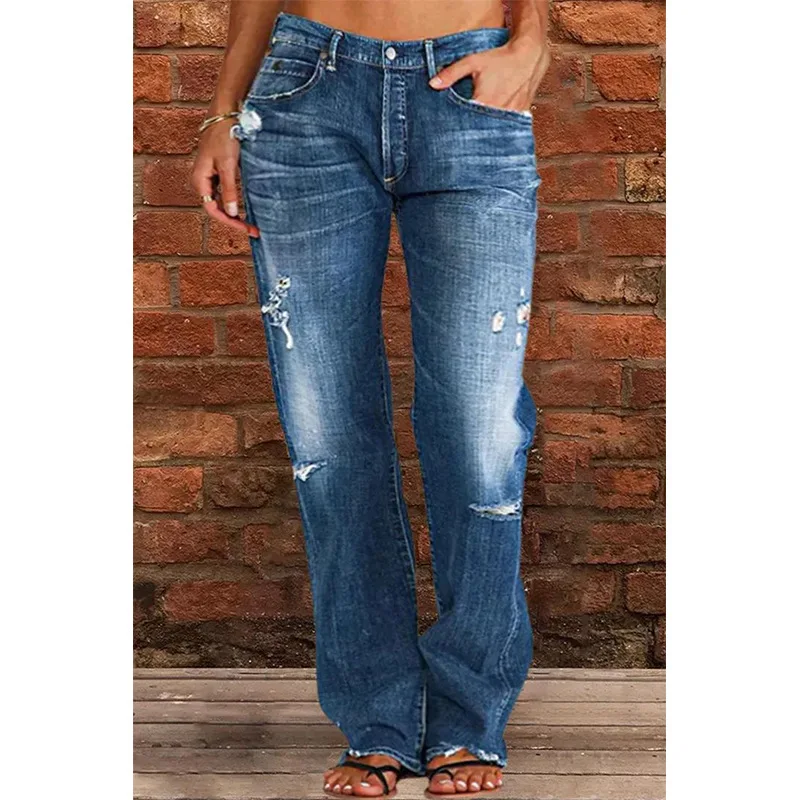 

Casual Women's Washing Jeans Pockets High Street American Retro Cut Out Straight Denim Trousers Autumn Fashion Female Jeans