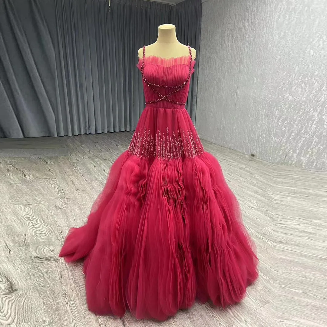 Fuschia A-line Spaghetti Straps Evening Dresses Woman Elegant Saudi Arabia Wedding Guest Dress vestidos de fiesta Real L