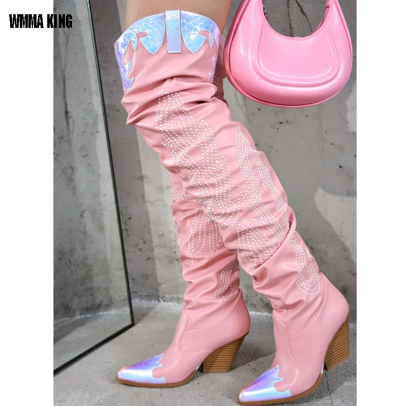 

2023 Women 's Crystal Over The Knee Tube Boots Western Cowboy Pink Patchwork Floral Cowgirl Shoes Thick Heel Long Boots 44