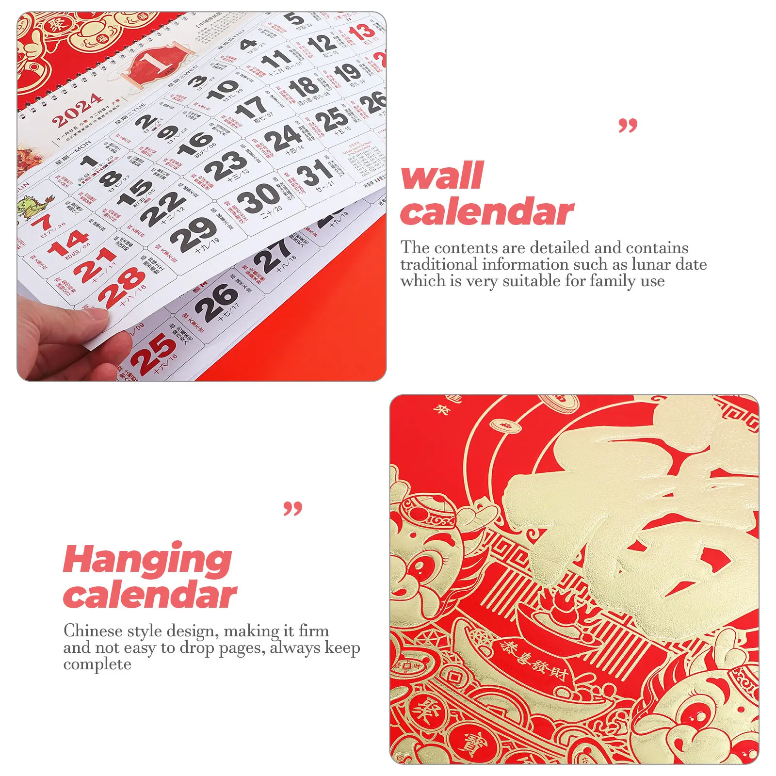 Household 2024 Fukzi Hanging Wall Calendar Chinese Style Clear Color Printing Monthly Planner Daily Calendar Traditional Lunar