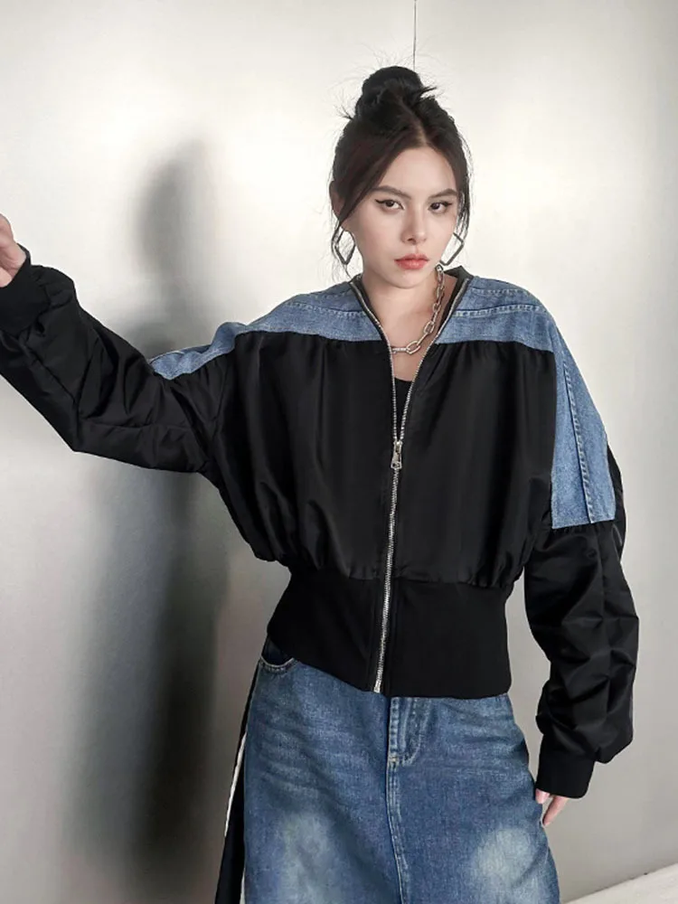 [EAM] Black Denim Color-block Big Size Casual Jacket New V-neck Long Sleeve Women Coat Fashion Tide Spring Autumn 2025 1DH1842