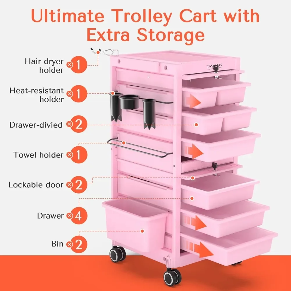 Lockable Beauty Salon Cart - Salon Stations with 6 Drawers and Tool Holders, Rolling Cart with Wheels, Lock and Door, Pink