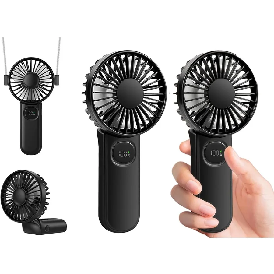 

[2 упаковки портативного портативного вентилятора] Персональный ручной вентилятор для путешествий Складной вентилятор для ресниц и шеи с цифровым дисплеем Ремешок 5-скоростной