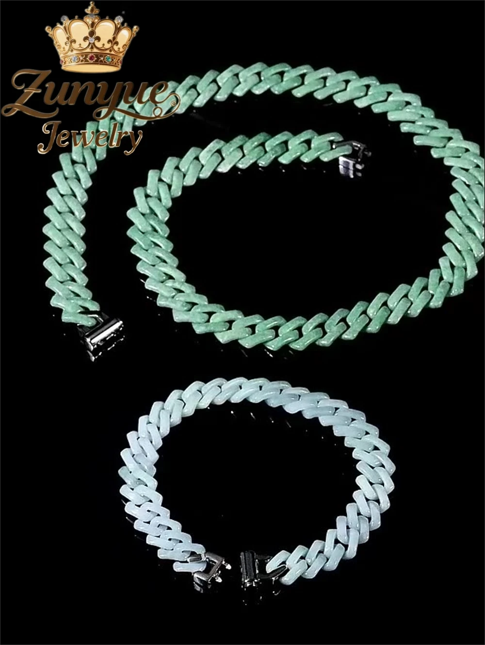 Natural A-Grade Jade Light Green Rhombus Diamond-Shaped Cuban Chain Bracelet Necklace Jadeite Titanium Steel Hip-Hop Style Trend