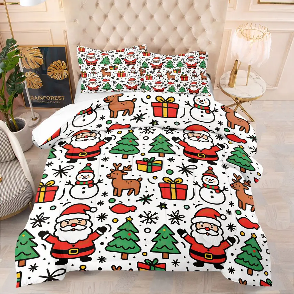 Christmas Santa Reindeer Print Quilt Comforter Set Bedding Set Pillowcase HD Print Holiday Bedroom Bedding