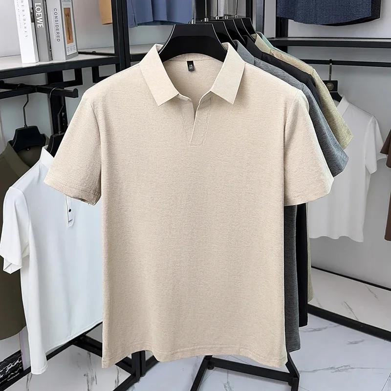 Mens Short Sleeve Heather V Notch Half Placket Collar Polo Shirts Relaxed Fit Air Permeable Tops For Outdoor Casual Wear