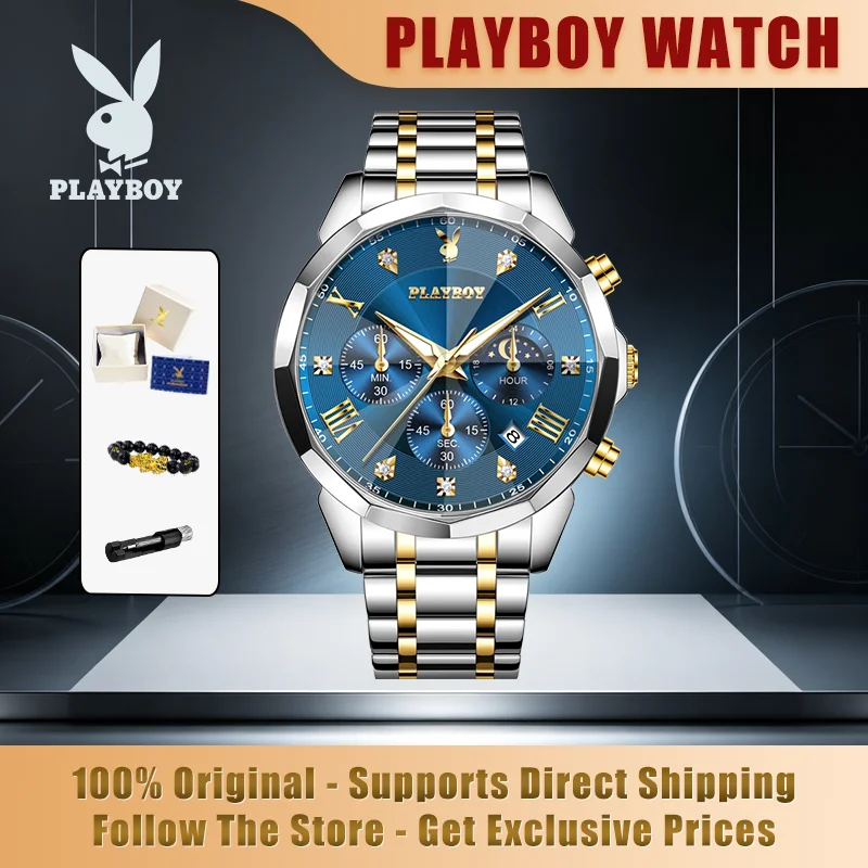 PLAYBOY 3523 Brand original authentic watches for man luxury Gift Box Diamond mirror multifunctional quartz men's watch