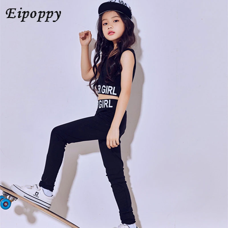 De Nieuwe Stretch Children Street Hiphop Jazz Kostuums Pak Meisjes Lange Leggings Zwarte Letters Vest