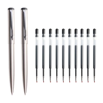 Metal Gel Pen Stainless Steel Push style Gel Pens 0.5mm Blue Black Ink Student School Stationery Supplies Silver Pen
