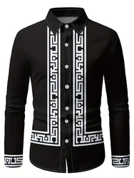 Men's Long Sleeve Shirt Vintage Fashion Casual Breathable Top Ethnic Textured Casual Business Shirt Flip Collar Full Shirt