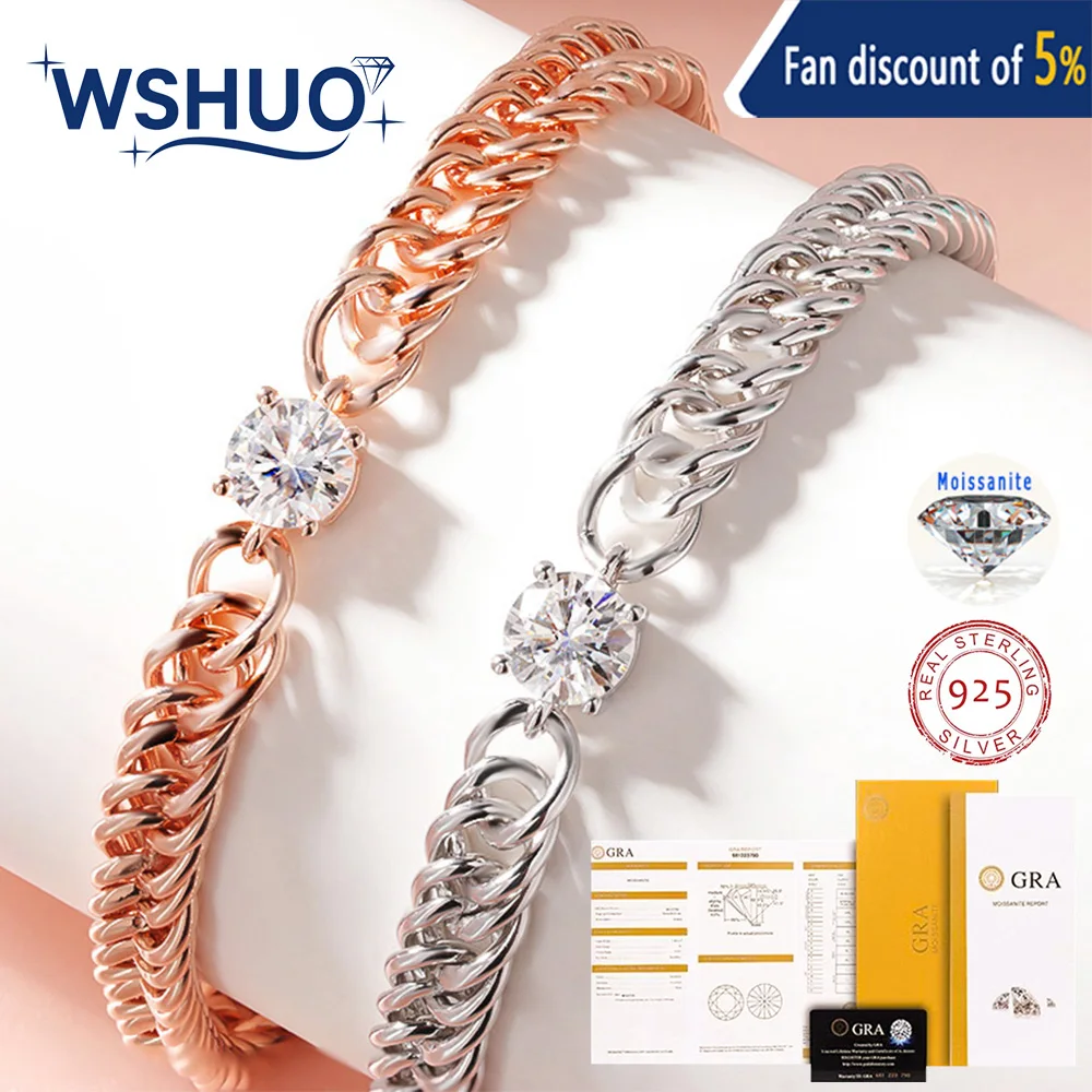 

WSHUO 1CT Moissanite D Color Silver Bracelet for Women Men Classic Sparkling Hip Hop Bangles 925 Sterling Silver GRA Certified