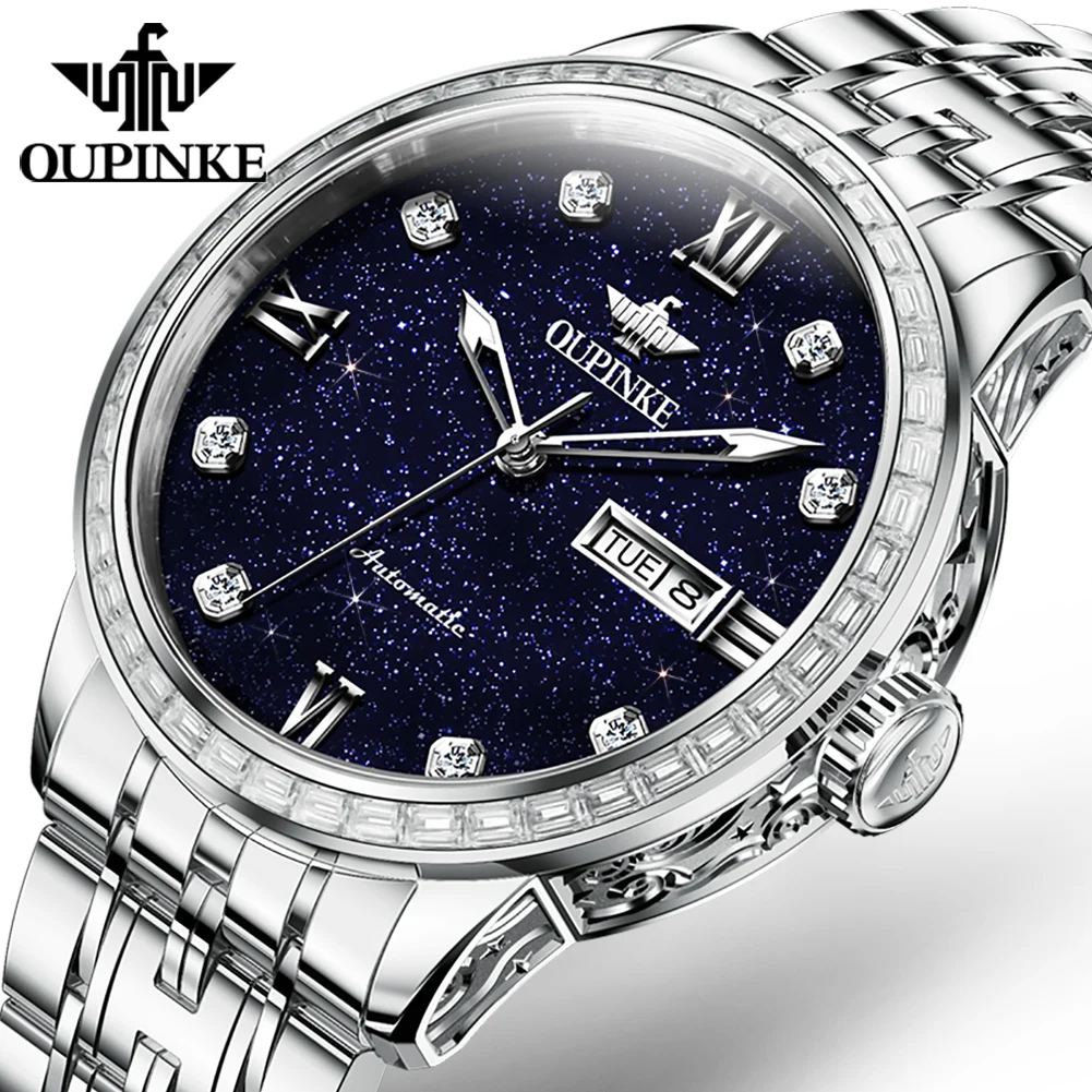 OUPINKE 3241 Luxury Automatic Watch For Men Dual Calendar Starry Sky Original Mechanical Man Watches 50M Waterproof Hand Clock