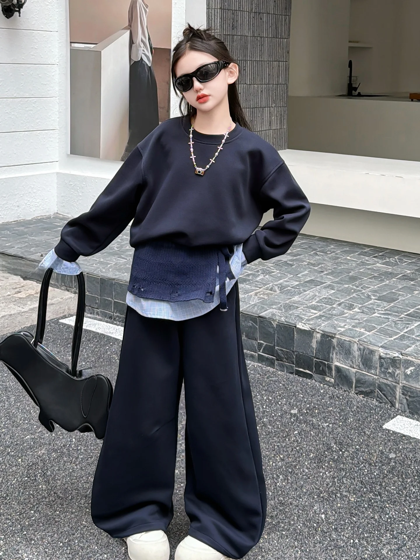 

Spring Faion Kids Outfit Girls Long Sve Sweatirt Set Wide Leg Pants Two Piece Set Breathable Casual Sle Pure Color