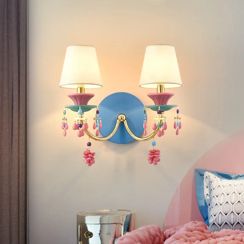 Macaron Color Crystal Wall Lamps Pink Children's Room Girl Bedroom Lamp LED Creative Baby Room Princess Room Bedside Wall Lights