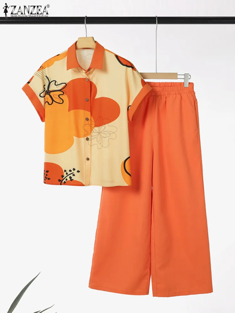 ZANZEA สั้น SeeveSets ผู้หญิงวินเทจพิมพ์เสื้อกางเกงขายาวชุด 2025 ฤดูร้อนชุดลําลอง Elegant OL ทํางานชุดการจับคู่