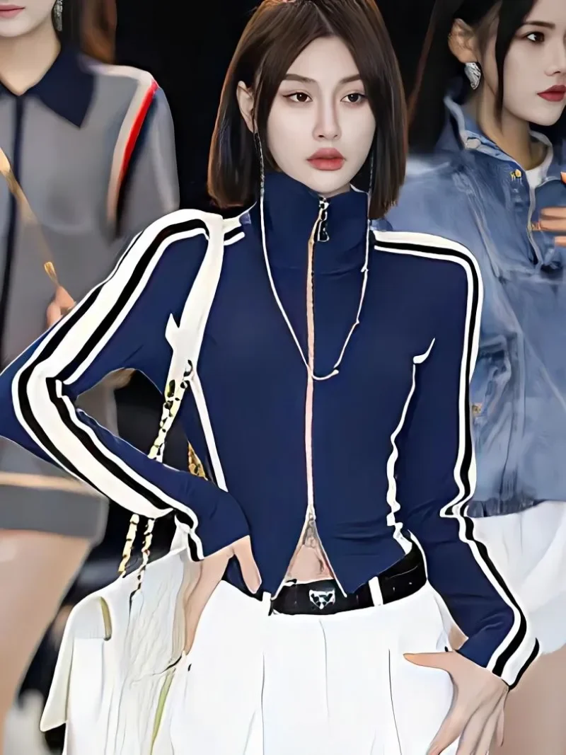 

Casual Sports Coat Women Spring Long Sleeve Zipper Striped Jacket Korean Fashion Vintage High Street Cool Girls Grunge Y2k Tops