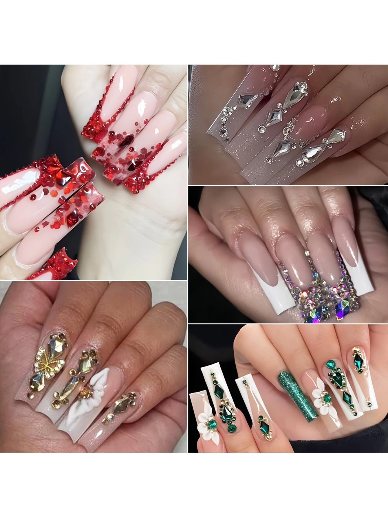 6BOX/12 grid set green water drop love white pink diamond nail art charm 3D shiny different size diamond jewelry flat bottom spe