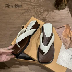 Fashion Square Clip Toe Platform Sandals Woman Chic Leather Wedge Flip Flops Ladies Summer Street Style Thick High Heel Slippers