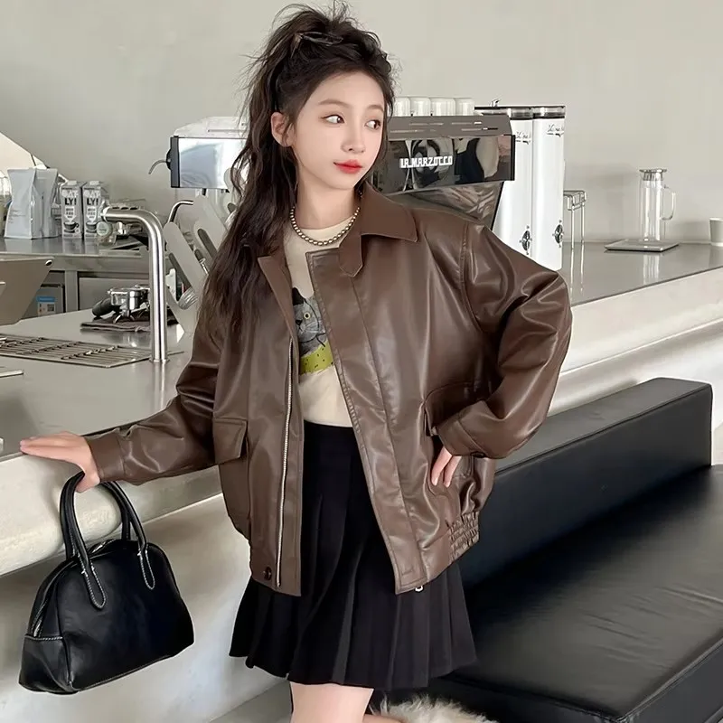 New Spring Child Faux Leather Jacket for Girls Luxury Brown PU Jacket Coat For Teens Clothing Age 5 6 7 8 9 10 11 12 13 14 Years #5