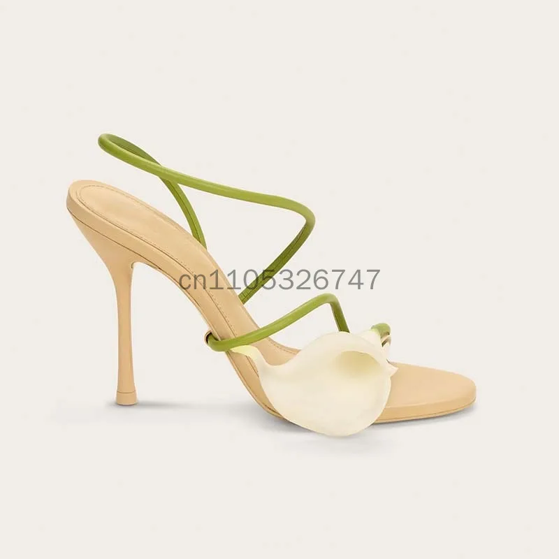New Small Order Customized Round Head Three Dimensional Flower High Heels with Thin Heels, Open Toe Strap, Back Empty Large Sand