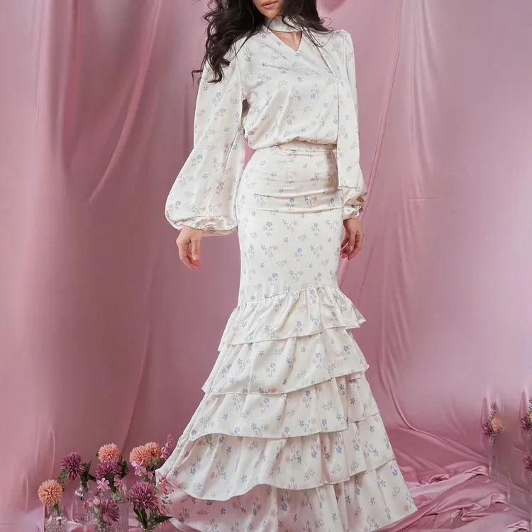 Puff Sleeve V-neck Top With Ruffled Hem And Fixed Skirt A Two-piece Set For Women, Autumn. 2026 Collection Beach Boho Bandage