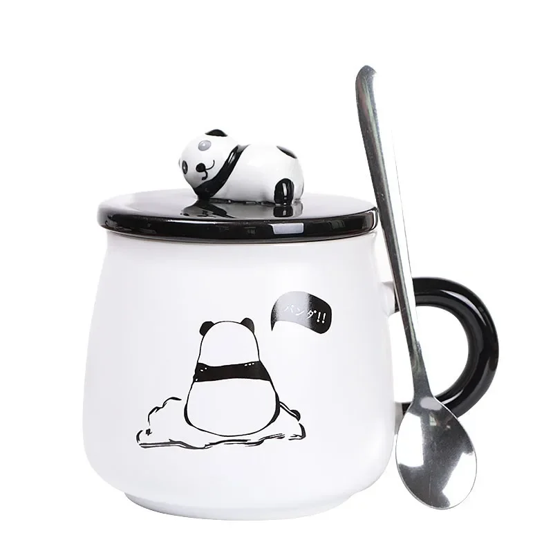 Cartoon Panda Mug Three-dimensional Ceramic Coffee Cup with Lid Spoon Office Home Couple Cup Breakfast Milk Drink