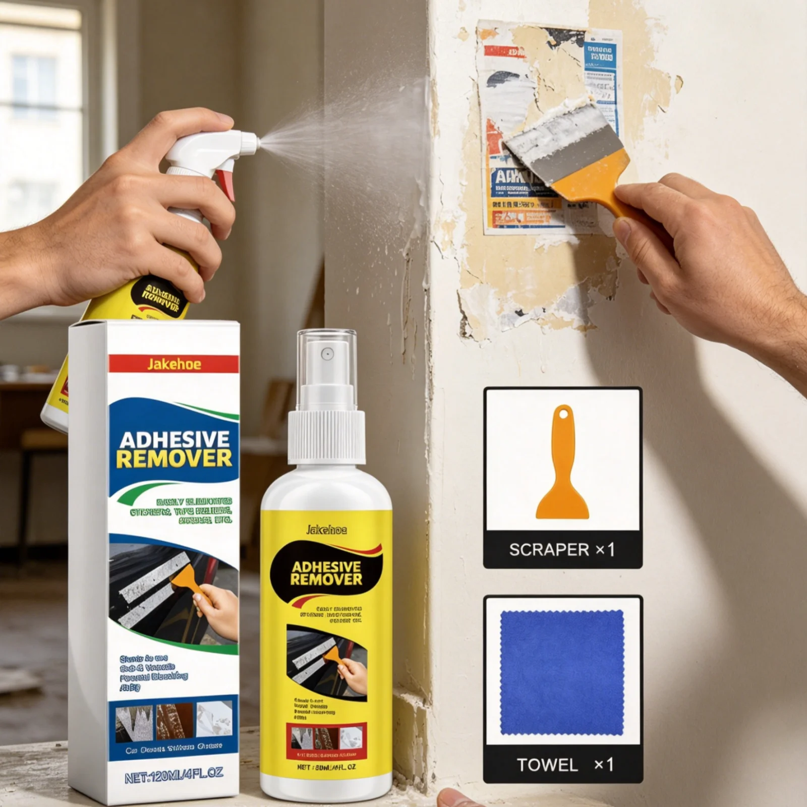 Jakehoe Adhesive Remover Spray Kit No Trace Cleaning Powerful Dissolving Ability Gentle Sticker Remover with Scraper Towel 120ml