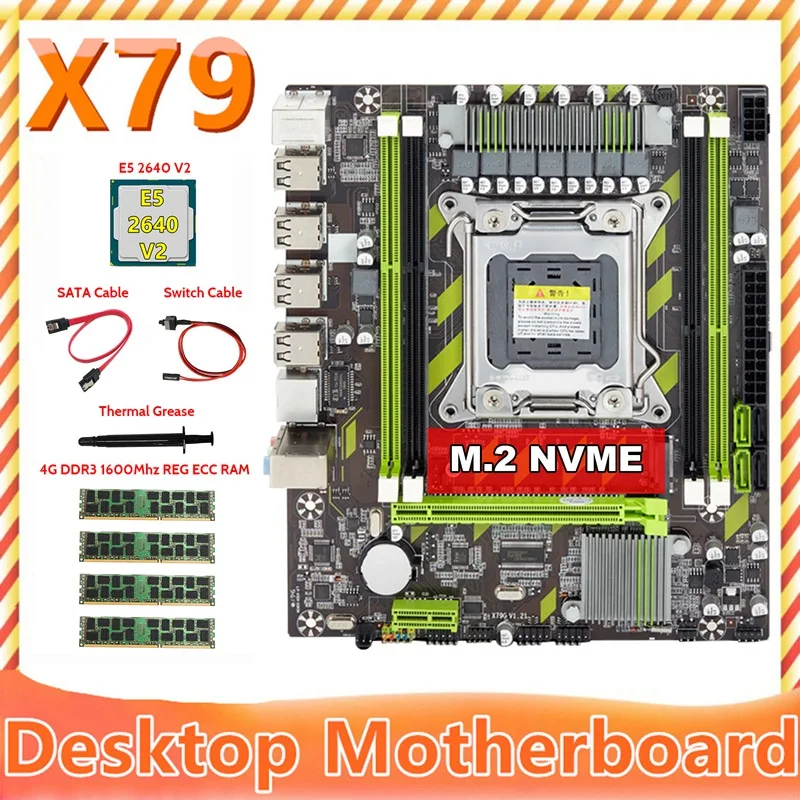 

HOT-X79 Motherboard+E5 2640 V2 CPU+4X4GB DDR3 1600Mhz REG ECC RAM Memory+SATA Cable+Switch Cable+Thermal Grease M.2 NVME