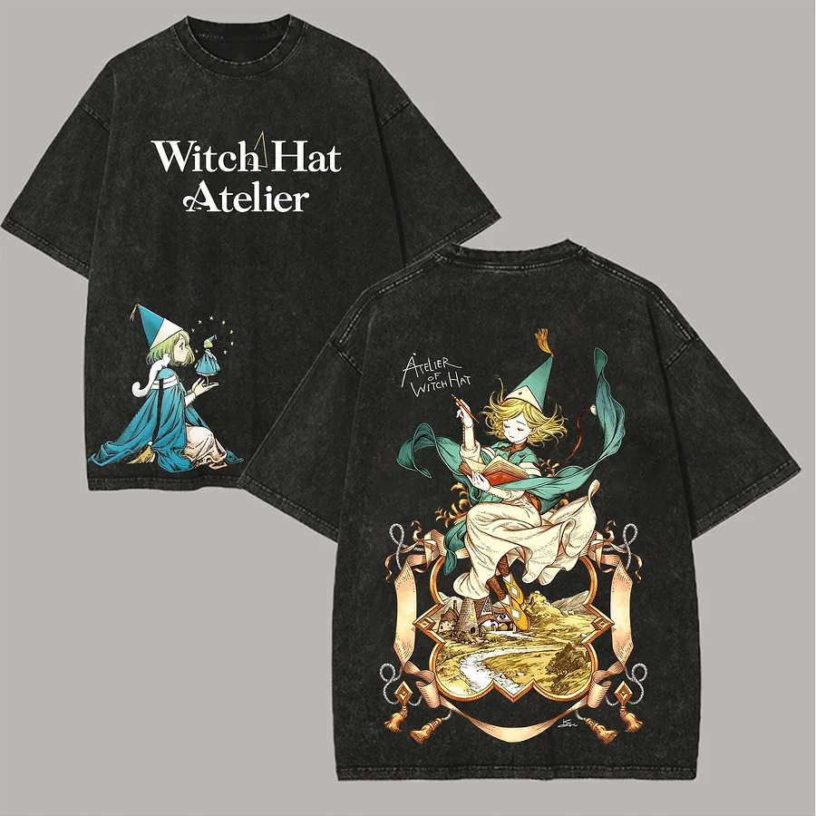2026 Summer Witch Hat Atelier Dual Sided Washed T-shirt Golden Frame Mage Sketch Anime Print Oversized Cotton Tee for Otaku Fans