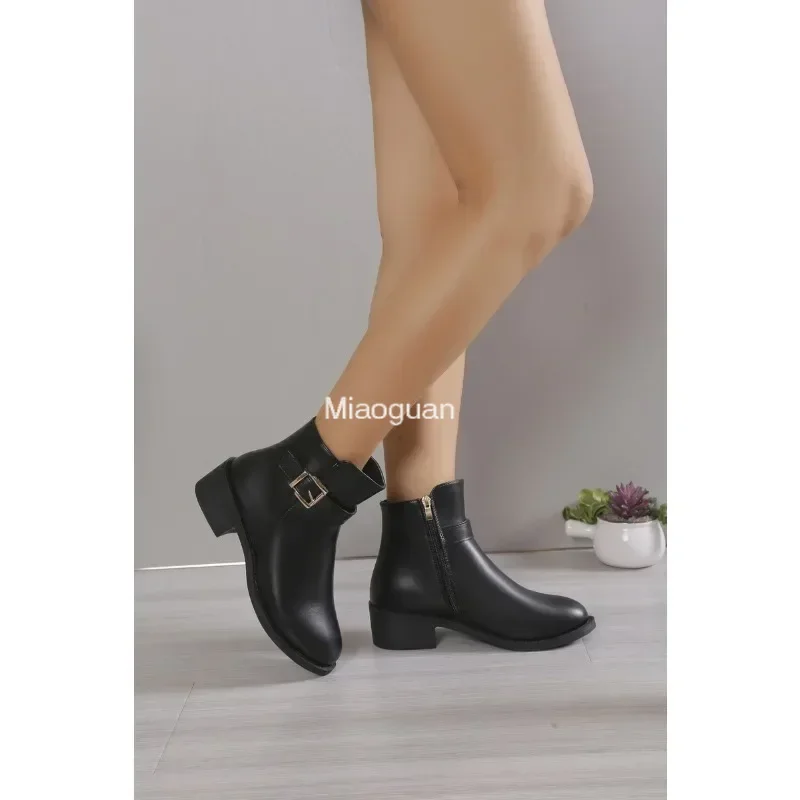 Short Belt Buckle Side Zipper 2025 New Thick Heeled with Plush Thickened Women's Boots British Style Fashion Boots Casual Shoes image 6
