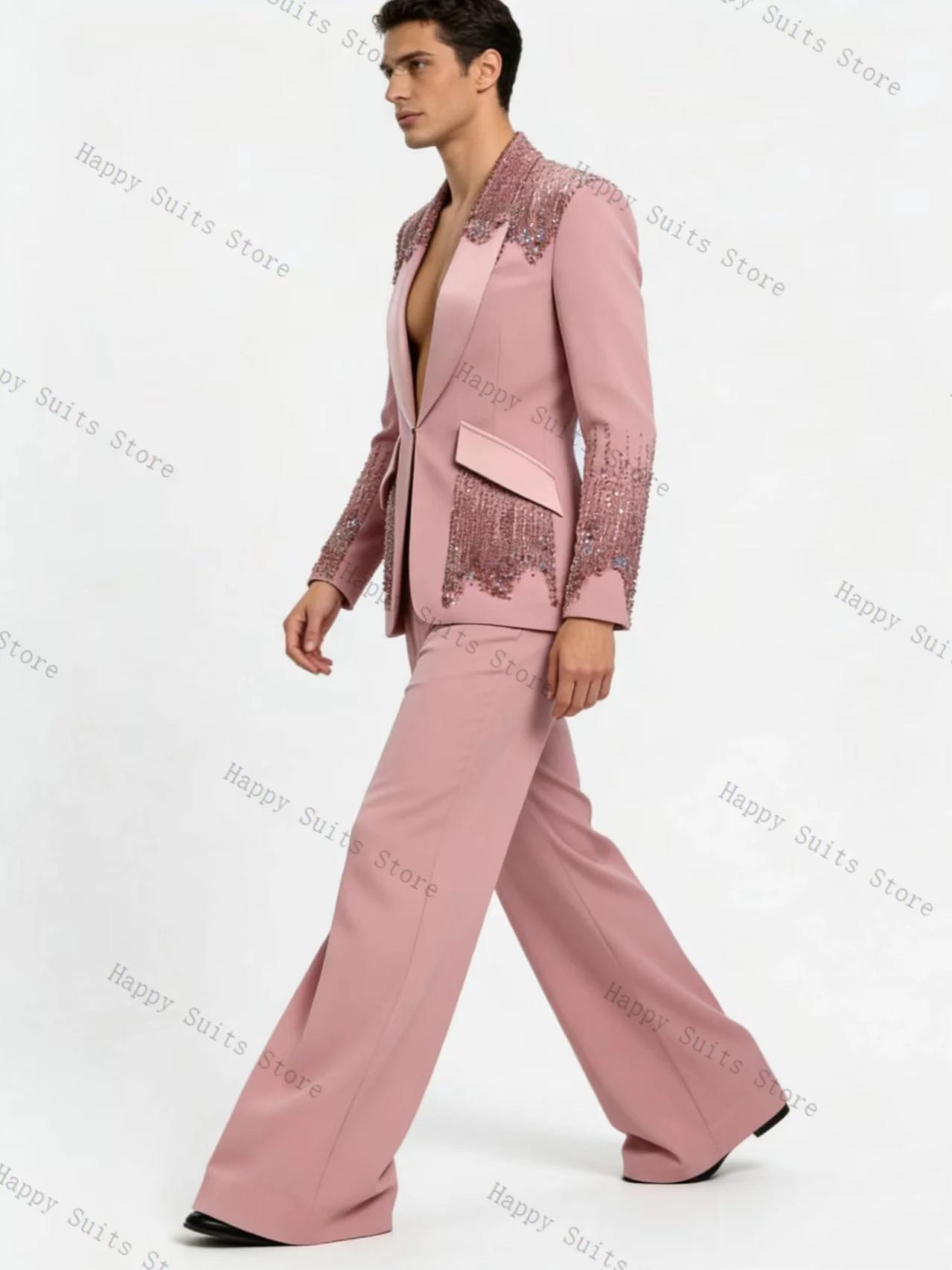 

Crystals Men Suit Set 2 Pcs Groom Pink Blazer+Pants Trousers Luxury Formal Office Coat Wedding Tuxedo Customized Jacket Outfit