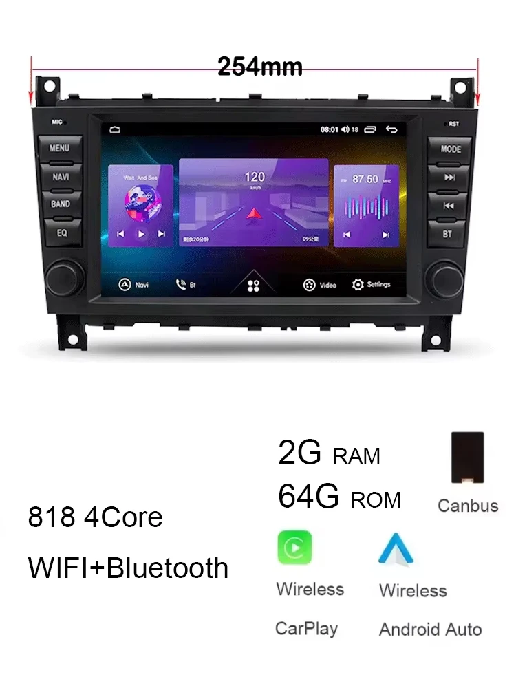 Voor Benz CLK W203 W209 2005-2012 8 "Carplay Auto Android 14.0 254mm 720P IPS Auto Dvd-speler GPS kaart WIFI BT RDS Radio 4G WIFI