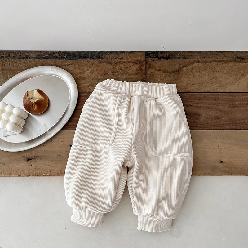 2025 Winter New Baby Fleece Trousers Toddler Ribbed Casual Pants Infant Boy Girl Plus Velvet Thick Warm Pants Children Clothes