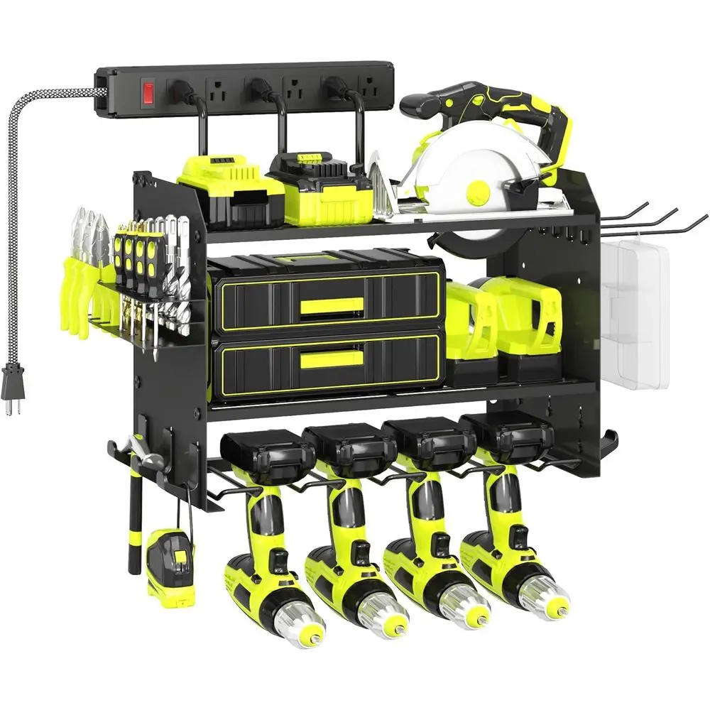 

Трехуровневый настенный органайзер для электроинструментов повышенной прочности с зарядной станцией, регулируемая металлическая полка для хранения, 6 розеток, для дрелей