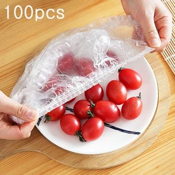 Envoltório plástico descartável da tampa do alimento, Tampas elásticas para tigelas de frutas, Cups Caps Storage, Kitchen Fresh Keeping Saver Bag, 100pcs