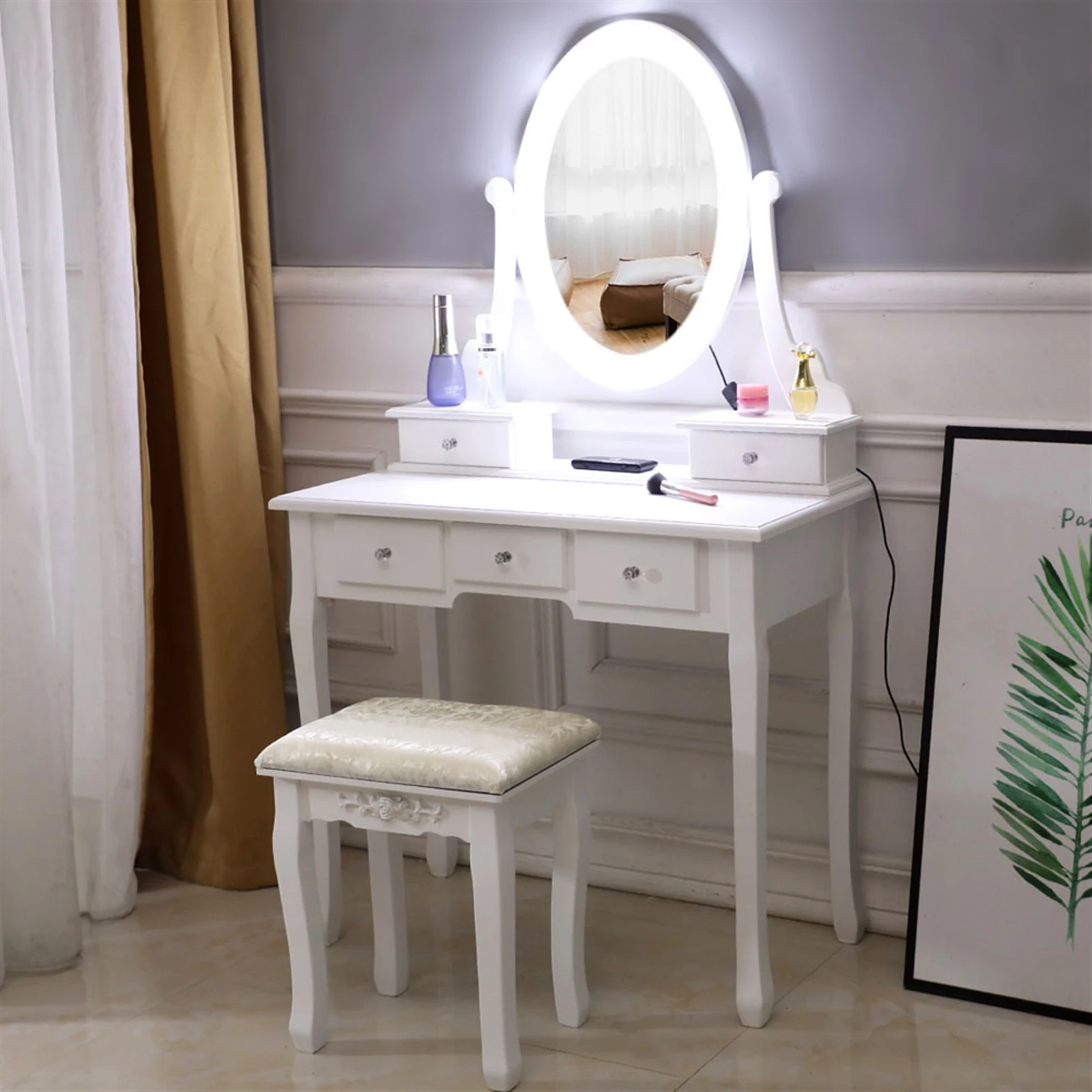 Dressing Table White with Bulbs, Cosmetic Table with Mirror, Stool and 5 Drawers, Country House Style, MDF Dressing Tables