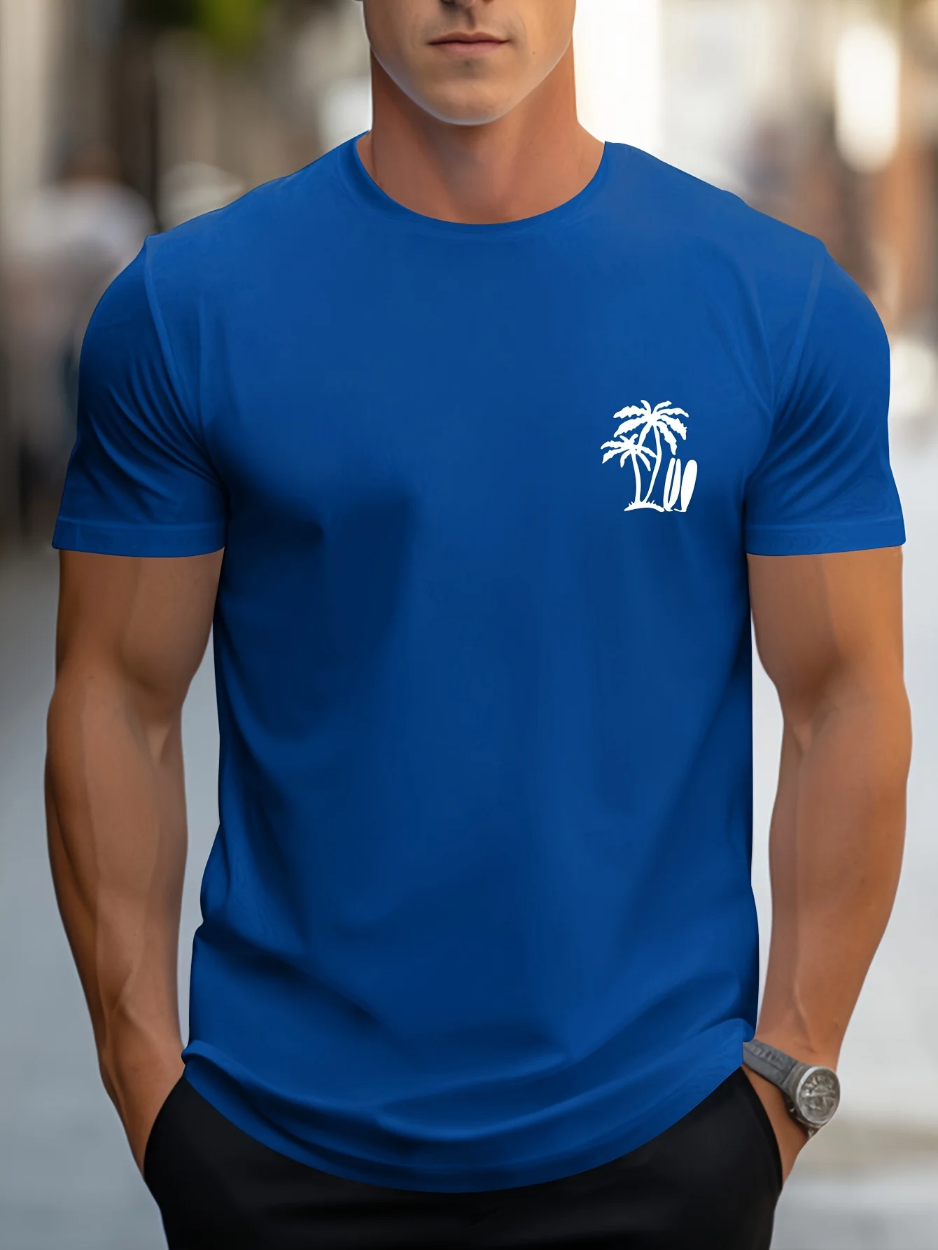 Palm trees and "surfing" casual cotton short-sleeved round neck printed T-shirts.