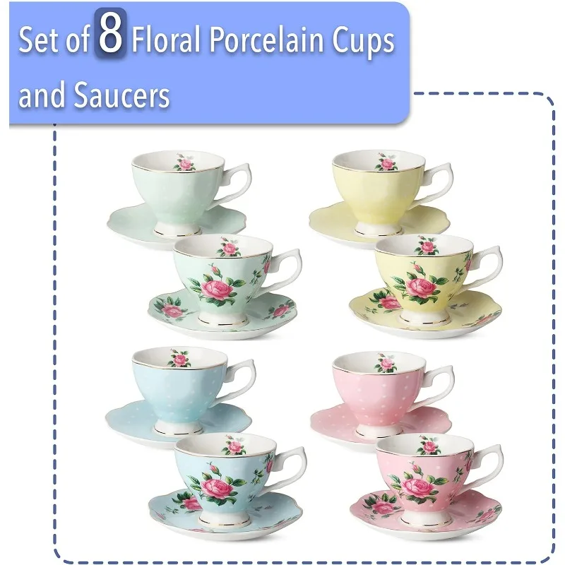 Floral Tea Cups and Saucers, Set of 8 (8 oz), Multi-Color with Gold Trim and Gift Box, Coffee Cups, Floral Tea Cup Set