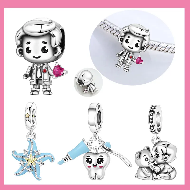 

925 Sterling Silver Boy and Star Bear Doctor Guarding Chain Charms Beads Pendant for Original Bracelet Woman Girl Jewelry