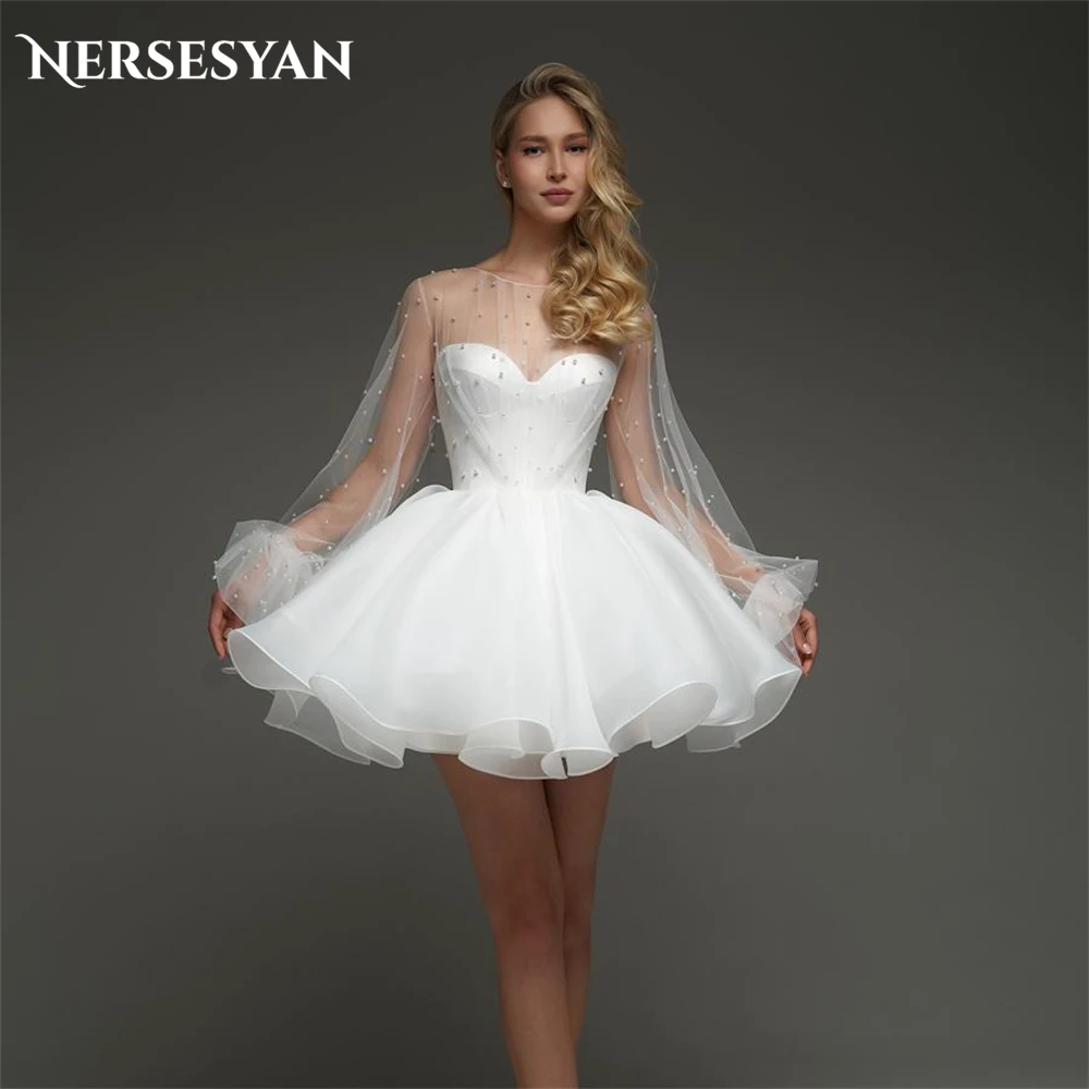 

Nersesyan Lace Mini A-Line Wedding Dresses Pearls Lantern Sleeves свадебное платье Transparent Pure Bride Dress robe de mariée