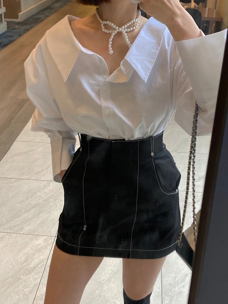 

Chic Spliced Pearl Nelace irt Women's Collarbone Exposure Design Ele Versatile oulder Sve Long Cotton Sweet Sle