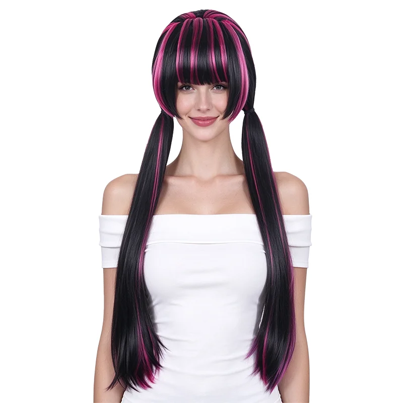Black Pink Long Double Ponytail Cosplay Wig Draculaura Heat Resistant Synthetic Wig For Halloween Comic Con Party Daily Use