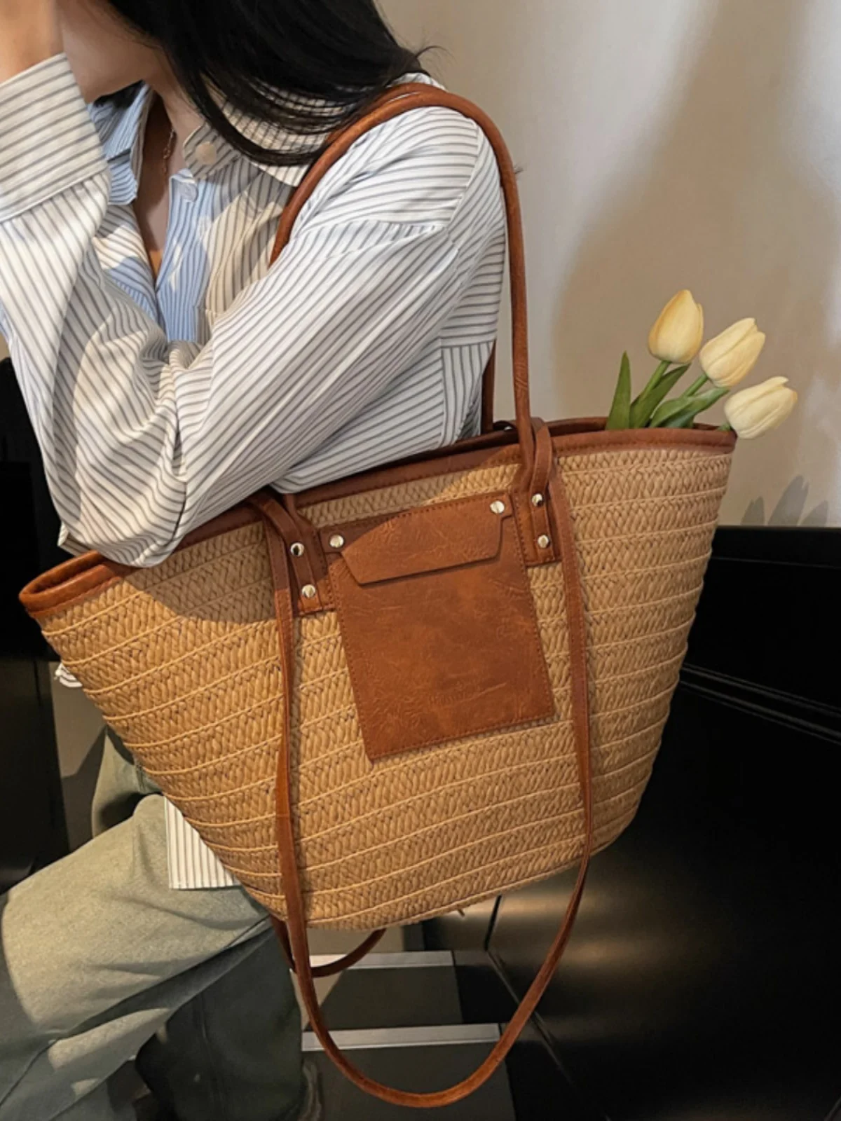 

Большая сумка-тоут ручной работы Capaci St, женская пляжная сумка-корзина, художественная винтажная экологически чистая сумка коричневого цвета