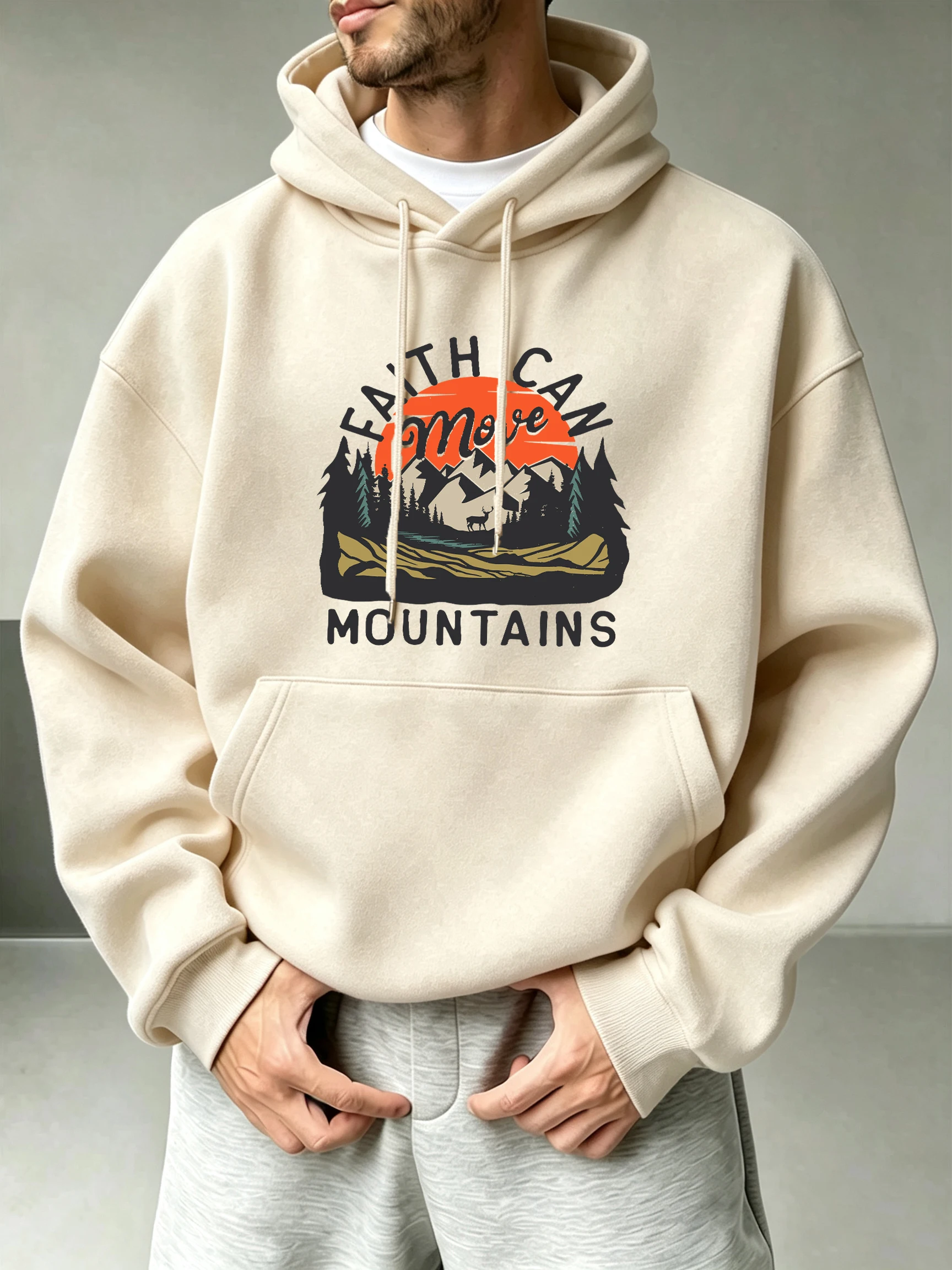 Faith Can Mountains Letter Graphic Pattern Jogging Hoody Men Casual Fleece Pullover Hip Hop O-Neck Long Sleeve Autumn Loose Top