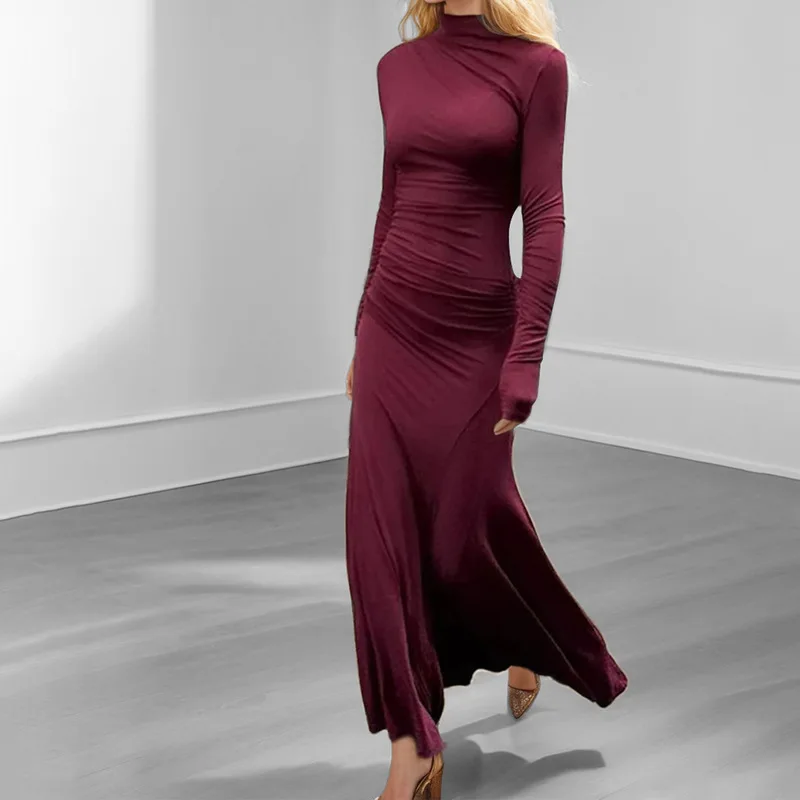 

2025 Spring and Summer New Women's Wine Red Temperament Elegant Atmosphere Round Neck Fold Slim Long Sleeve Bag Buttock Dress
